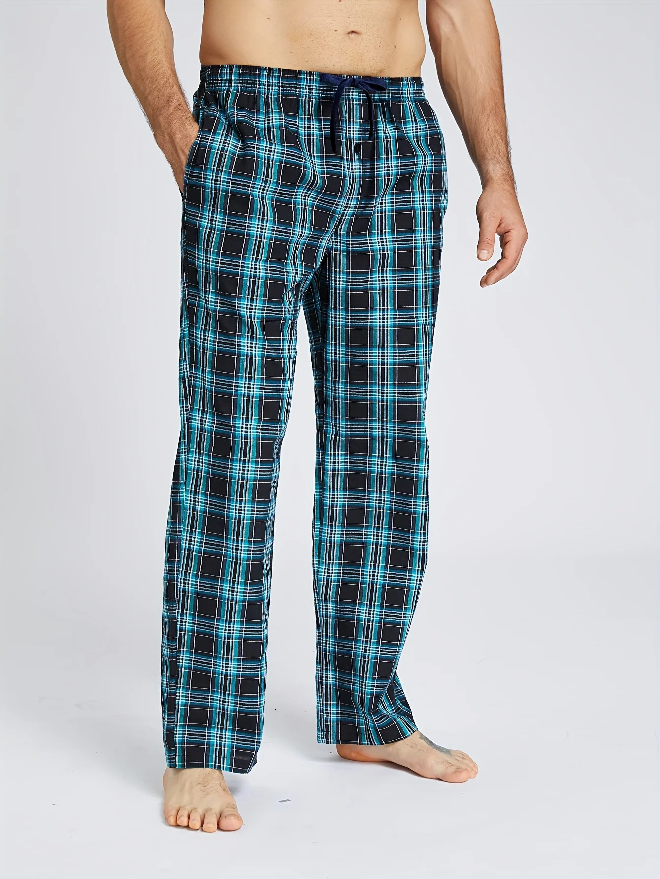 Mens Pajama Pants SpringSummer Checked 100 Cotton Thin Soft Comfortable Elastic Waistband with Pockets Home Lounge 250614