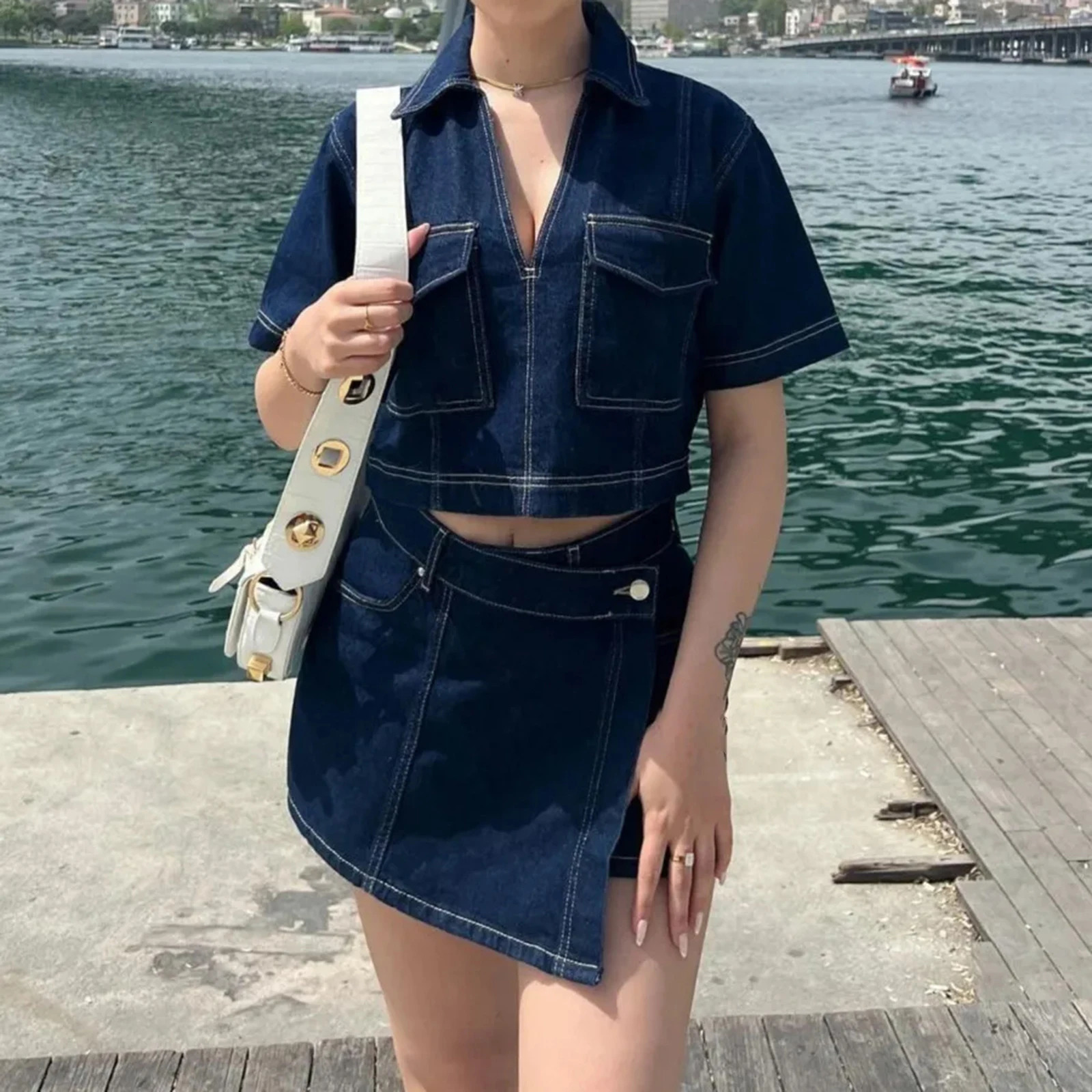 Women's 2 Piece Denim Outfits Set Short Sleeve Lapel Neck Cropped Jean Pullover Tops Button High Waist Asymmetrical Shorts 250614CJ