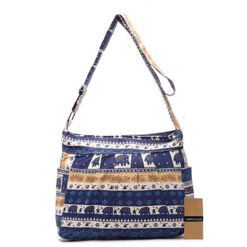 Annmouler Vintage Women Shoulder Cotton Fabric Flap Bohemian Style Messenger Elephant Print Crossbody Zipper Bag