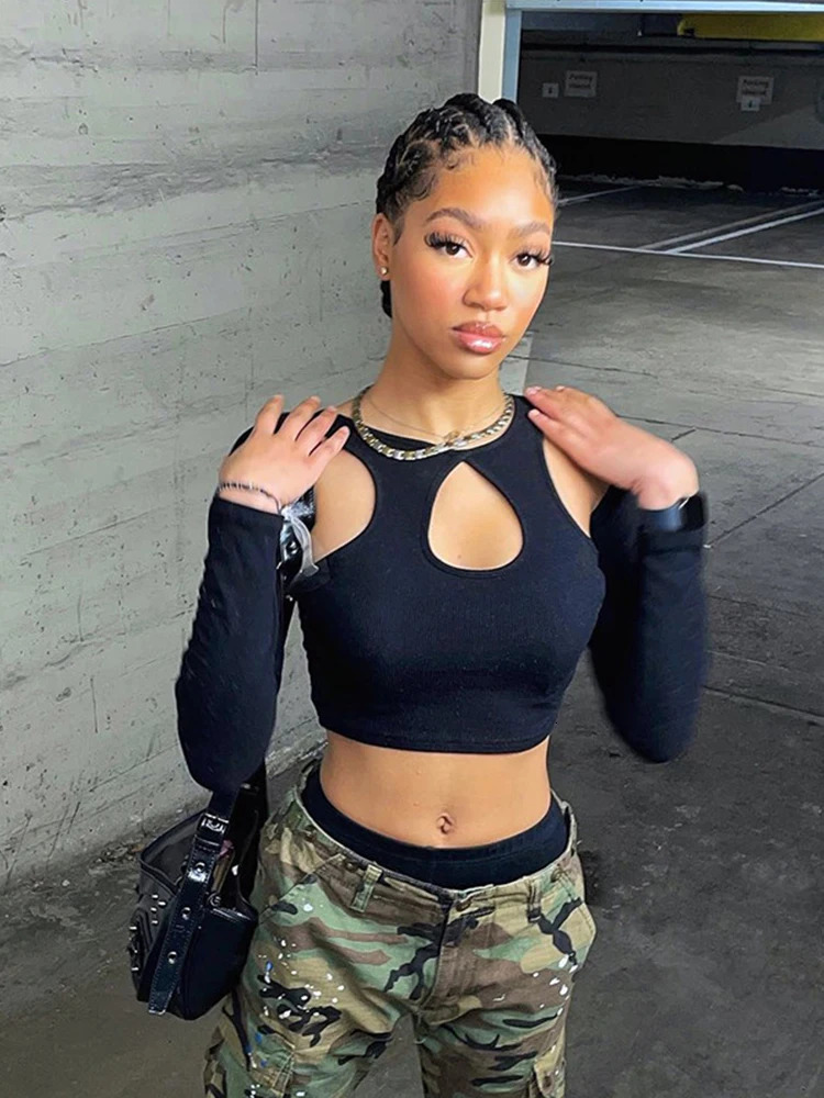 Summer Long Sleeve Cropped Corset Women Top Sexy Aesthetic Club O Neck Fairy Grunge Black Womens T-Shirt 250614