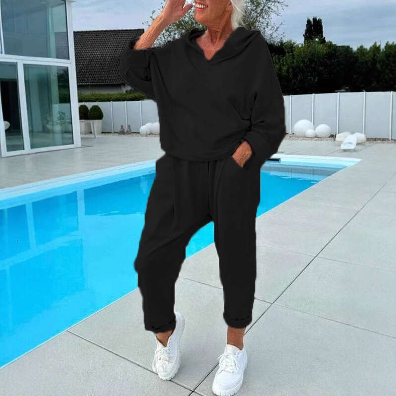 European American Autumn Women's Solid Color Hooded Sweatshirt Two-Piece Set 2025 New Elegant and Unique Fashion