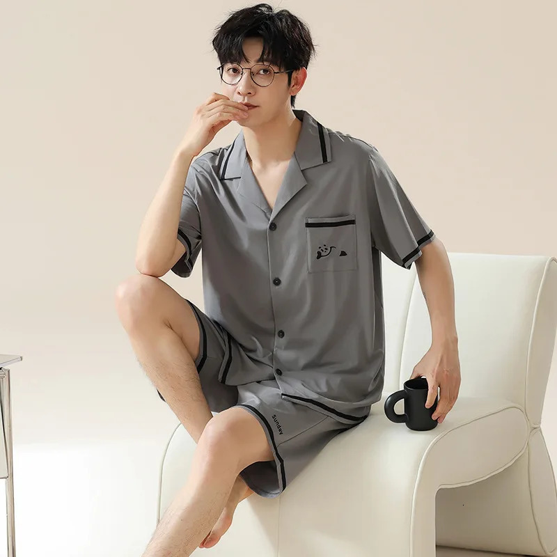 Modal Pajamas Mens Spring and Summer Shortsleeved Cardigan Simple Casual Can Be Worn Loose Youth Loungewear Suit 250614