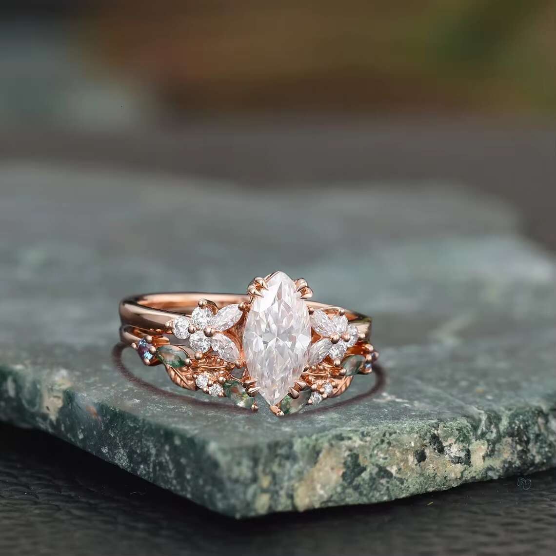 Vintage Style Premium Rose Gold Marquise Cut Moissanite Diamond Studded Rings for Bridal Anniversary Gifting Options