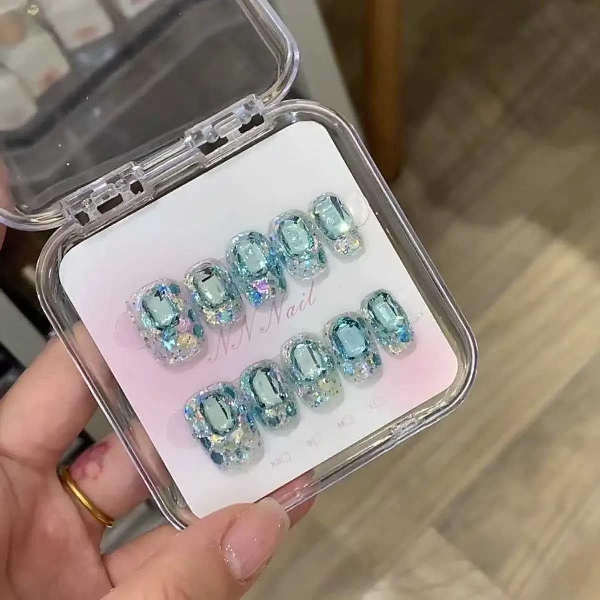 10pcs Handmade Press on Nails Sea Salt Ice Cube Sugar Full Diamond Blue Fake Nail for Women Girl Summer Removable Wearable Nail R250616