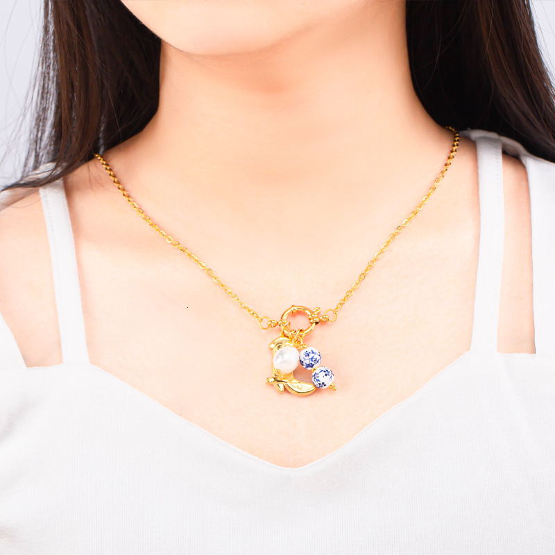 New Chinese Style Design Boots Blue and White Porcelain Bead for Women Imitation Pearl Fashionable Versatile Titanium Steel Necklace