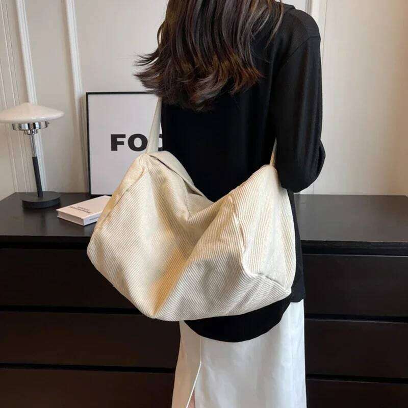 Corduroy Fabric Big Capacity Bostom Handbag Vintage Y2k Emo Ita Chic Winter Textile School Laptop Soft Slouchy Side Shoulder Bag