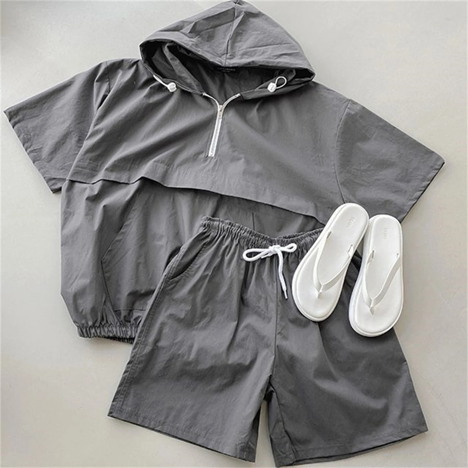 Hoodie Women Suits 2 Pcs Sets Sport Shorts Set Threequarter Sleeve Loose Outfit Elastic Waist Lady Outdoor Tracksuit 250612