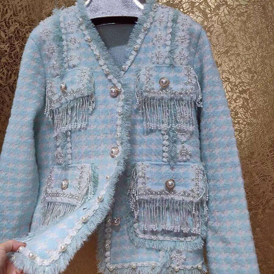 3D Flowers Embroidery Tassels Pearls Beaded Tweed Jacket Thick Lace Floral Dias Weave Cardigan Coat Fringed Edge Tops