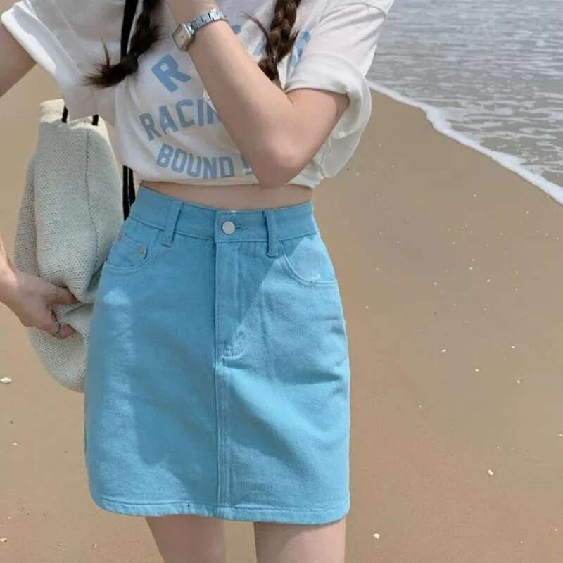 Mini Short Kawaii Zipper High Waist with Pocket Tight Woman Denim Skirt Jeans Skirts for Women Pink Wrap Cute Chic and Elegant V