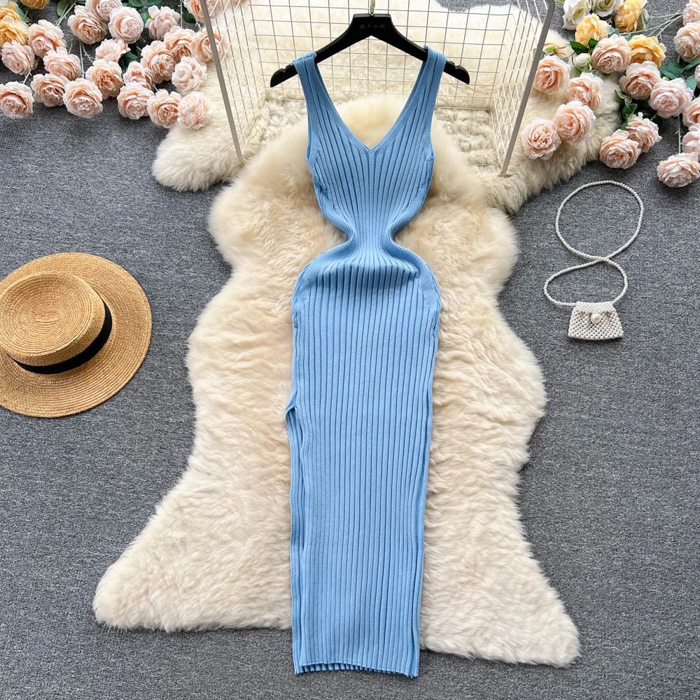 Women V Neck Solid Ribben Knitted Dresses Casual All Match Slimple Sexy Package Hips Bodycon Dress Elegant Vestidos Streetwear 250614