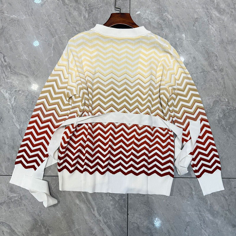 Women's Ombre Herringbone Pattern Cardigan Two Colors Fashion Runway Tie-Waist V-Neck Long Sleeve High-Quality Loungewear Designer Classic Clothe