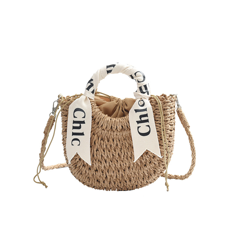 Letter Silk Scarf Hand-Held Straw Woven Bag Papyrus Woven Bag Spring Outing And Vacation Handbag Moon Bag