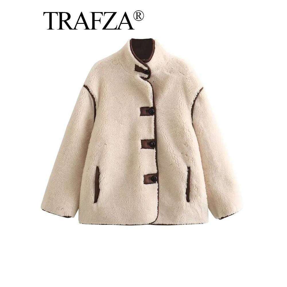 TRAFZA 2024 Women Casual Faux Fleece Loose Coat High-Collar Splicing Design Short High Street Standing Collar Jacket Streetwear