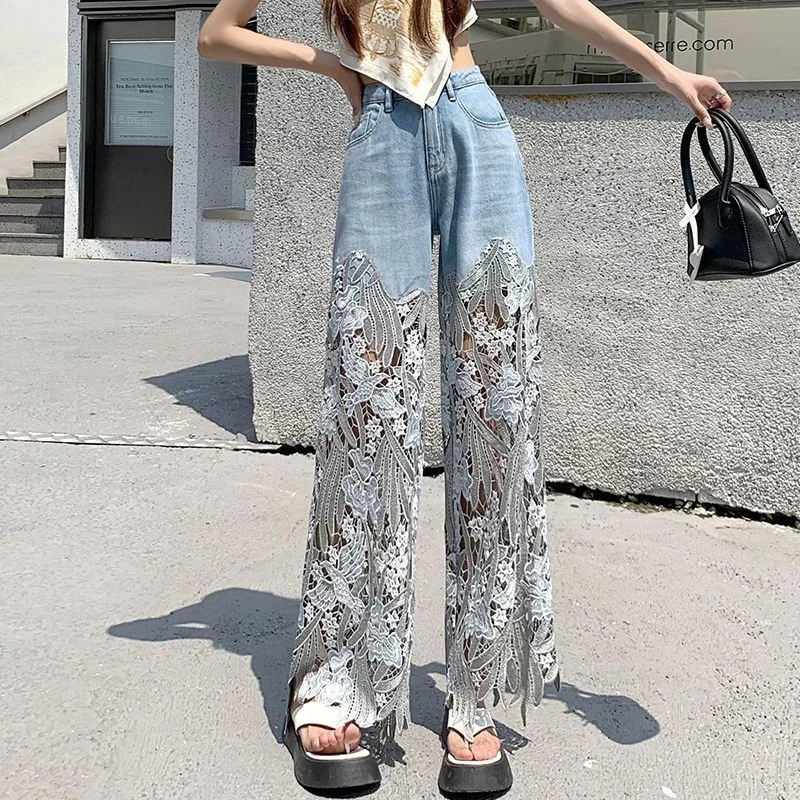 Lace with Print Holes Pants for Women Ripped Torn Graphic Trousers High Waist S Pattern Straight Leg Womens Jeans Grunge Y2k 250609