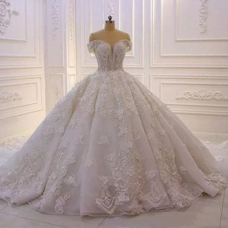 White Sparkly Off Shoulder a-line Wedding Dress 3D Flowers Lace-up Corset Appliqued Lace Beads Princess Vintage Arabic Bridal Gown