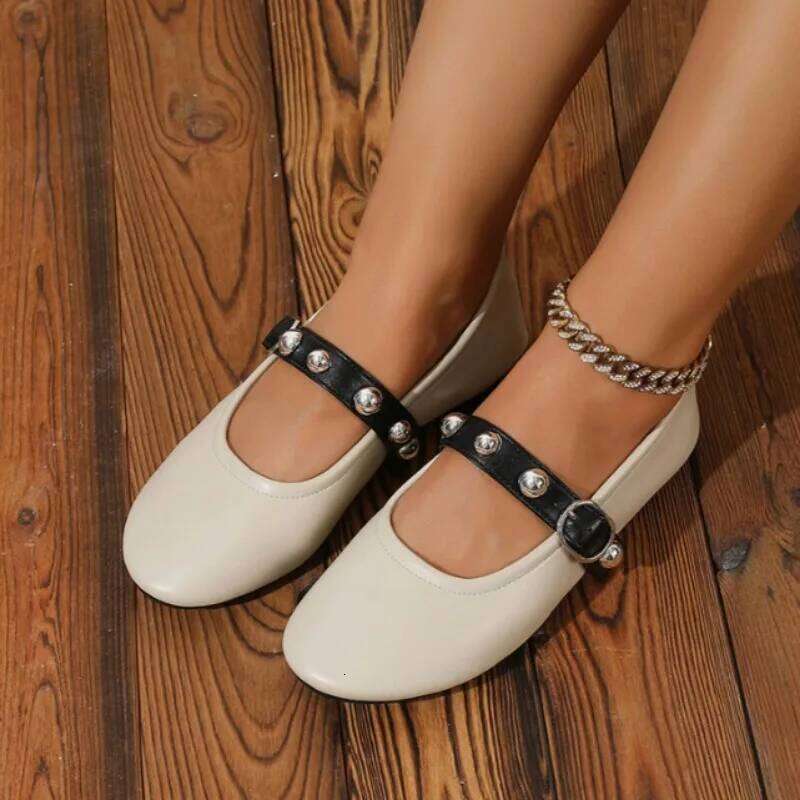 Designer Women Ballet Flats Trendy Rivet Buckle Strap Shallow Walking summer Footwear 2025 Leather Ladies Lolita Shoes