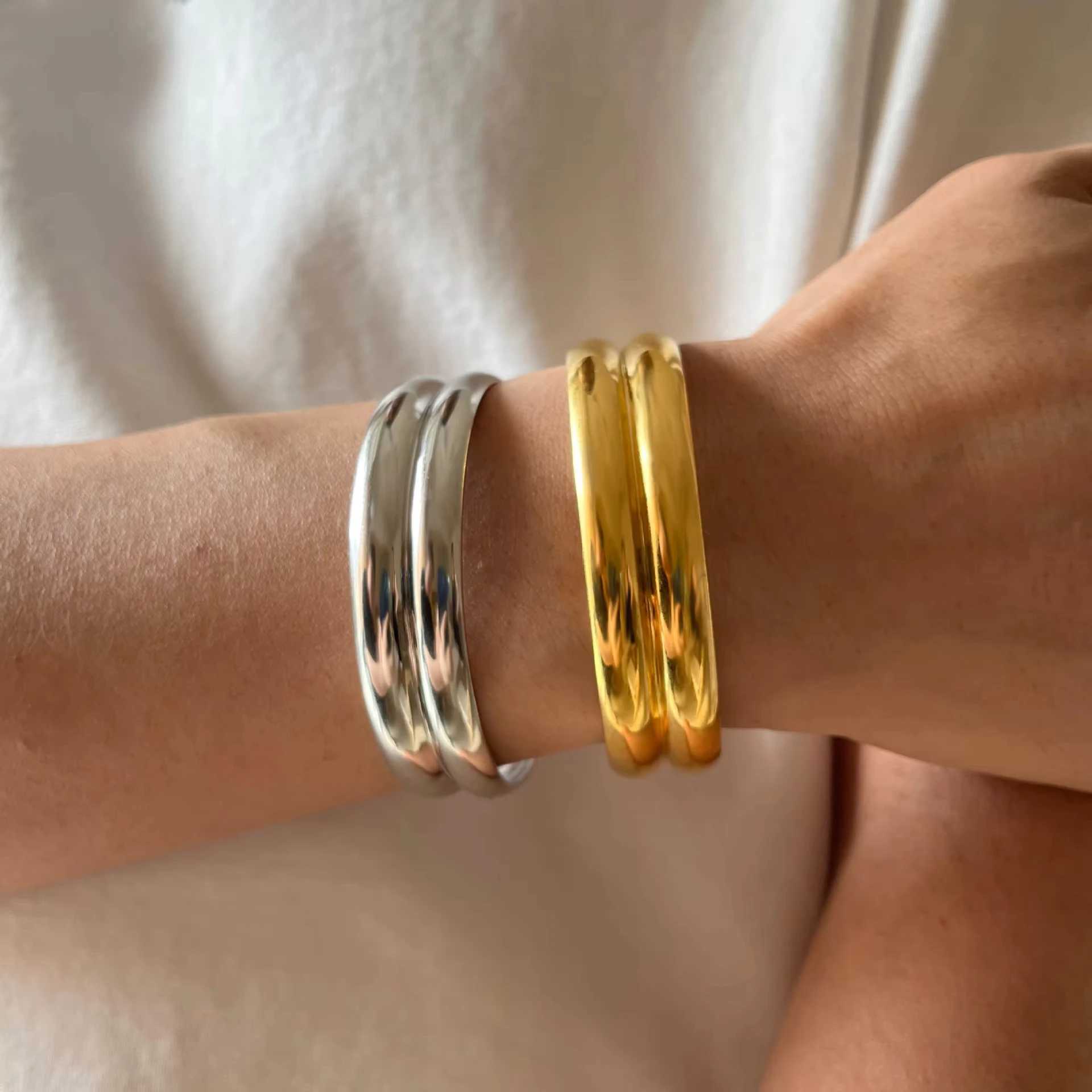 CARLIDANA Exaggerated Punk Gold Color Simple For Women Stainless Steel Statement Cuff Opening Bangles Fashion Jewelry Z250616
