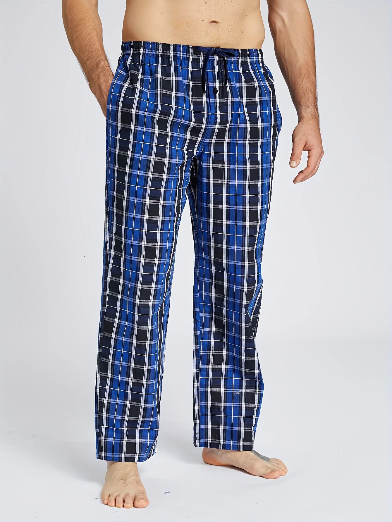 Mens Pajama Pants SpringSummer Checked 100 Cotton Thin Soft Comfortable Elastic Waistband with Pockets Home Lounge 250614