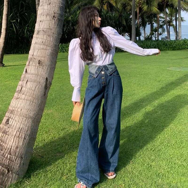 With Pockets Blue Womens Jeans Straight Leg Trousers High Waist Shot Pants for Woman Wholesale Stylish Stretch Good Quality Emo