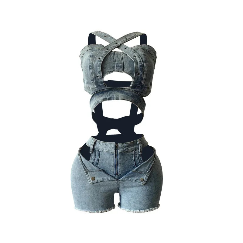 2 Piece Set Denim Shorts Suit Sexy Vest Top Strap Backless Jeans Short Pants Pockets Outfits 2025 Streetwear Ensemble 250612