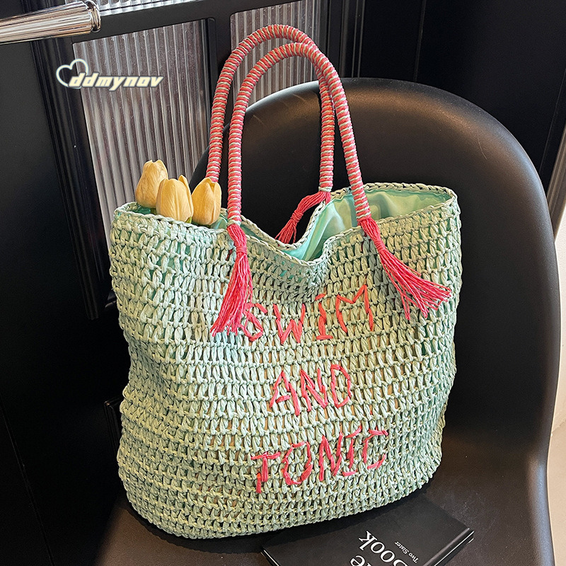 Summer Beach Vacation Fresh Mint Green Straw Ins Style Large Capacity Mori Literary Shoulder Bag ddmynov