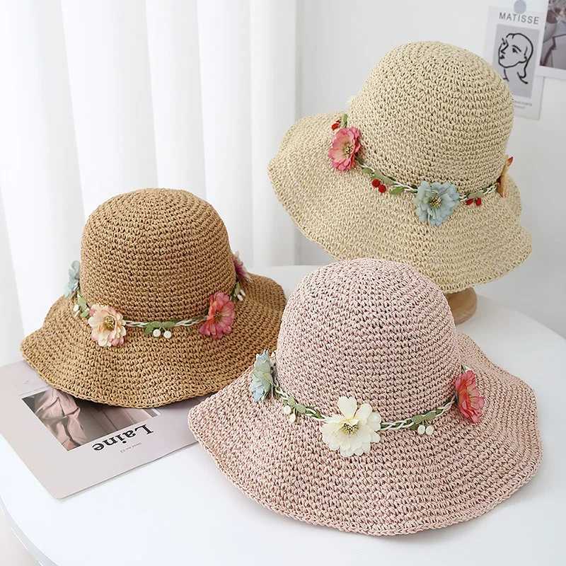 New Arrival Summer Hats For Women Flower Rope Wide Brim Sun Hat Lady Foldable Sunhat Sunscreen Beach Accessories Seaside Holiday New U250616
