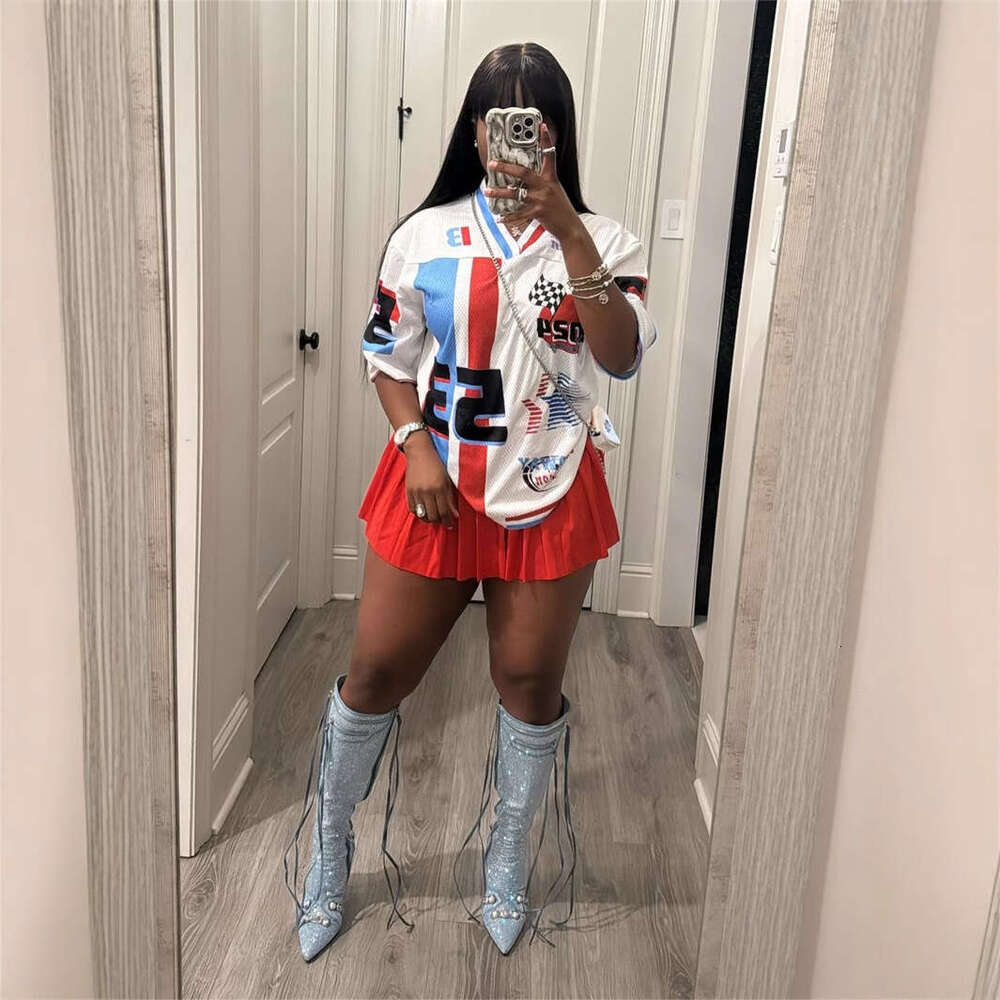 Autumn New Loose Simple Printed American Style Sports Casual Short Sleeve Color Block T-Shirt Top B5