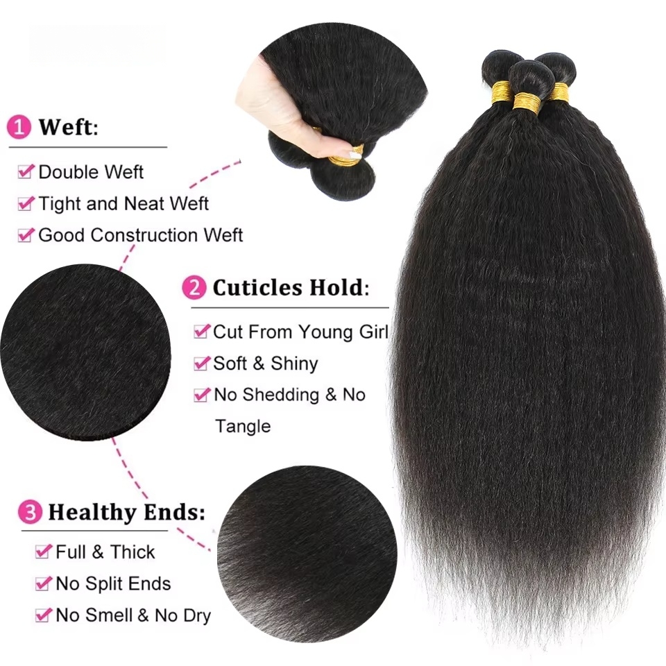 Kinky Straight Human Hair 1/3 Bundles Brazilian Coarse Yaki Hair Weave Bundles Raw Human Hair Extensions 3 Bundles For Women Bundles Remy Hair Yaki 30