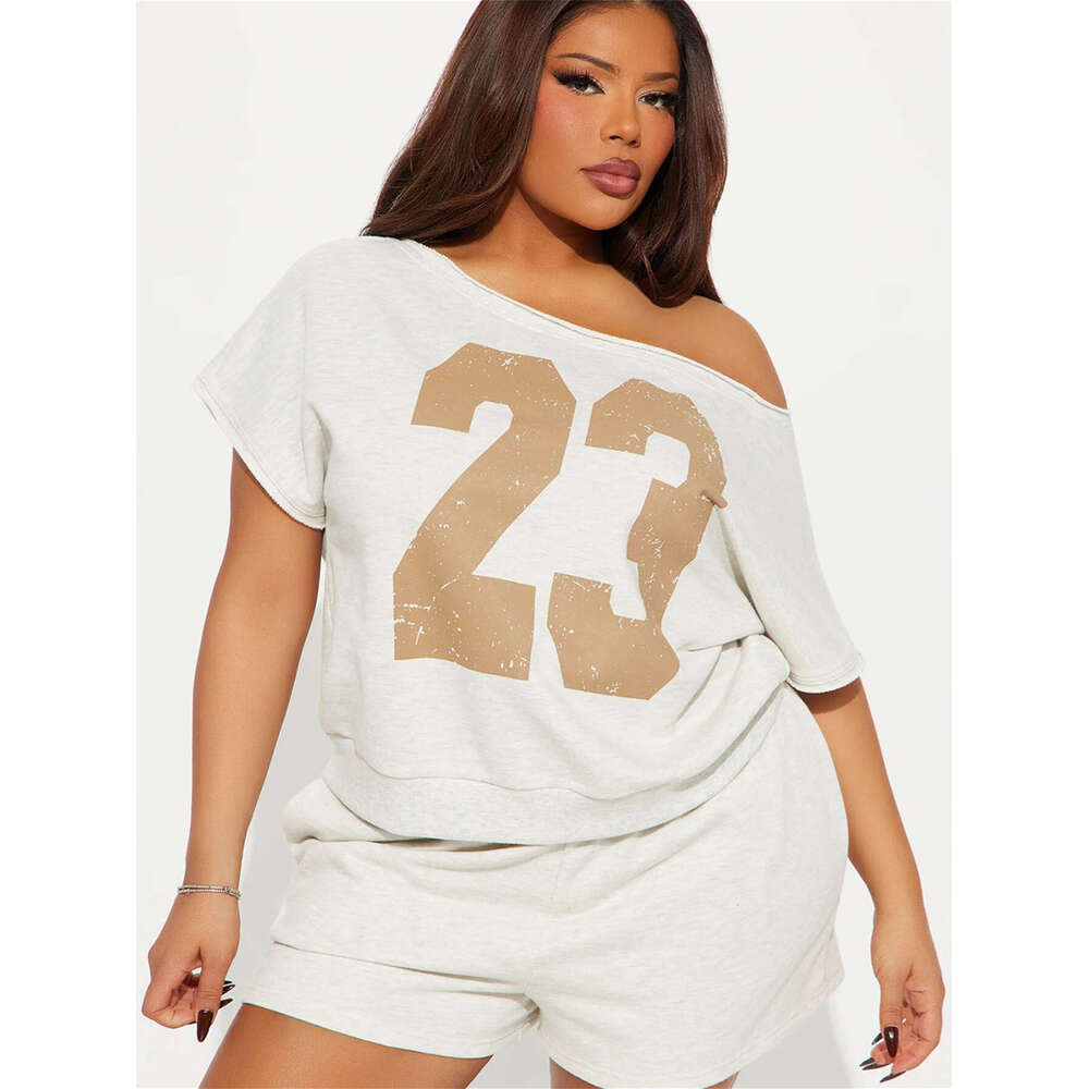 Summer American Style Digital Print Off-Shoulder Asymmetric Neck Top And High-Waisted Bodycon Shorts Set For Women B5