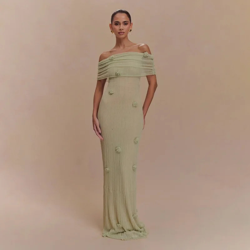 3D Flowers See Through Knitted Maxi Beach Dress Women Elegant Sexy Off Shoulder Bodycon Evening Party Long Robe Beach Cover Ups 250612