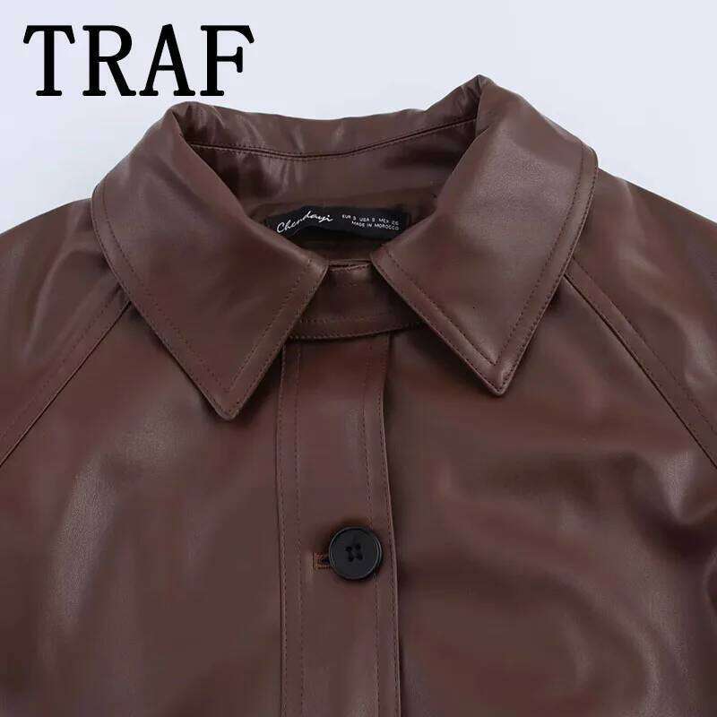 TRAF Women's 2025 Spring Lmitation Leather Short Coat Oversize Loose Jackets for Women Streetwear Casual New Outerwears