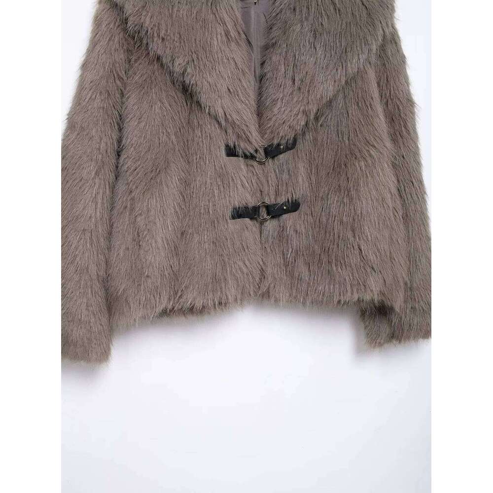 TRAF Women 2024 Winter New Fashion Lazy Style Faux Fur Warm Chic Lapel Versatile Pocket Long Sleeve Jacket Mujer