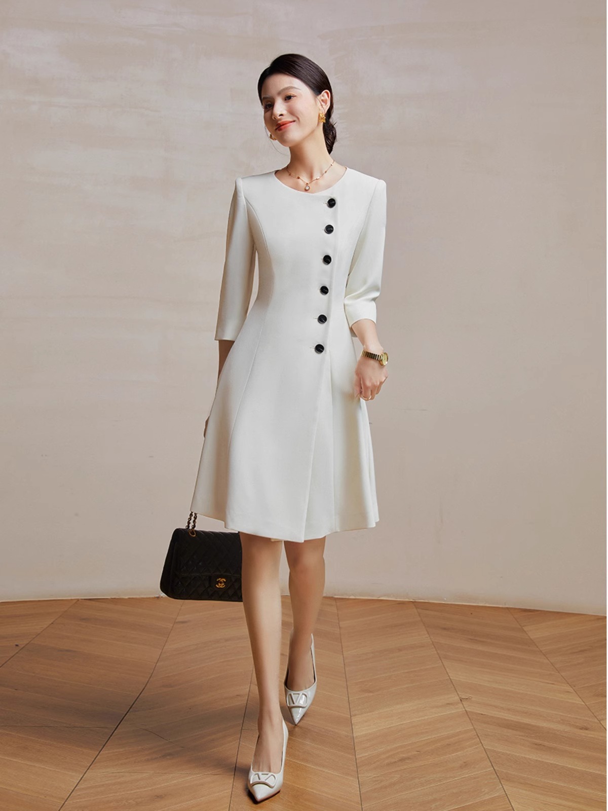 S140 Women's temperament mid-length swing A-line skirt single row button suit skirt