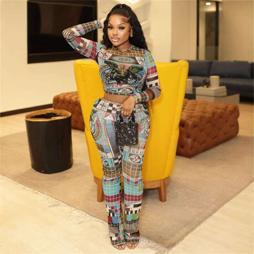 Autumn New Mesh Personality Fashion Sheer Sleeve Printed Crop Top And Long Pants Set B5