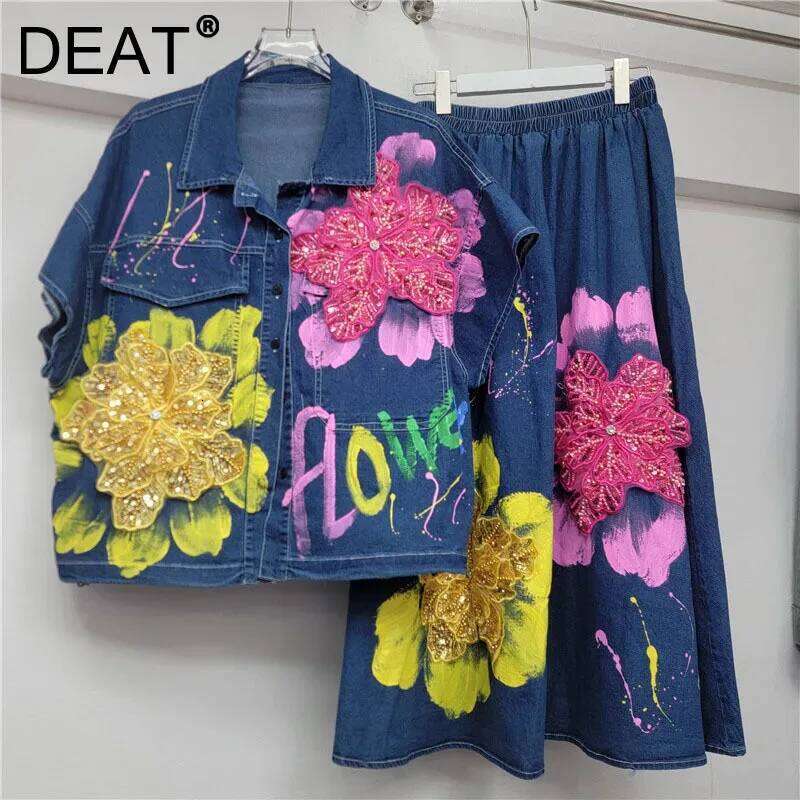 DEAT Fashion Women's Denim Two-pieces Set Loose Heavy Duty Letter Printed Sequins Flowers Coat Elastic Waist Skirts 11A04635
