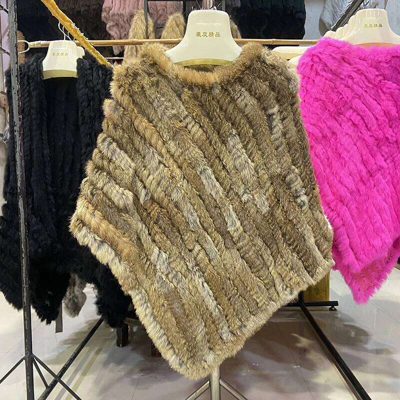 Hot Sale Autumn Knitted Natural Black Ponch Shawl Genuine Rabbit Wedding Party Real Fur Cape