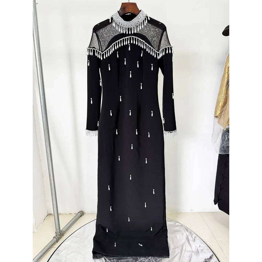 HIGH STREET Newest 2025 Designer Vestido Women's Spliced Mesh Dias Beaded Sleeved Floor Length Maxi Long Dress