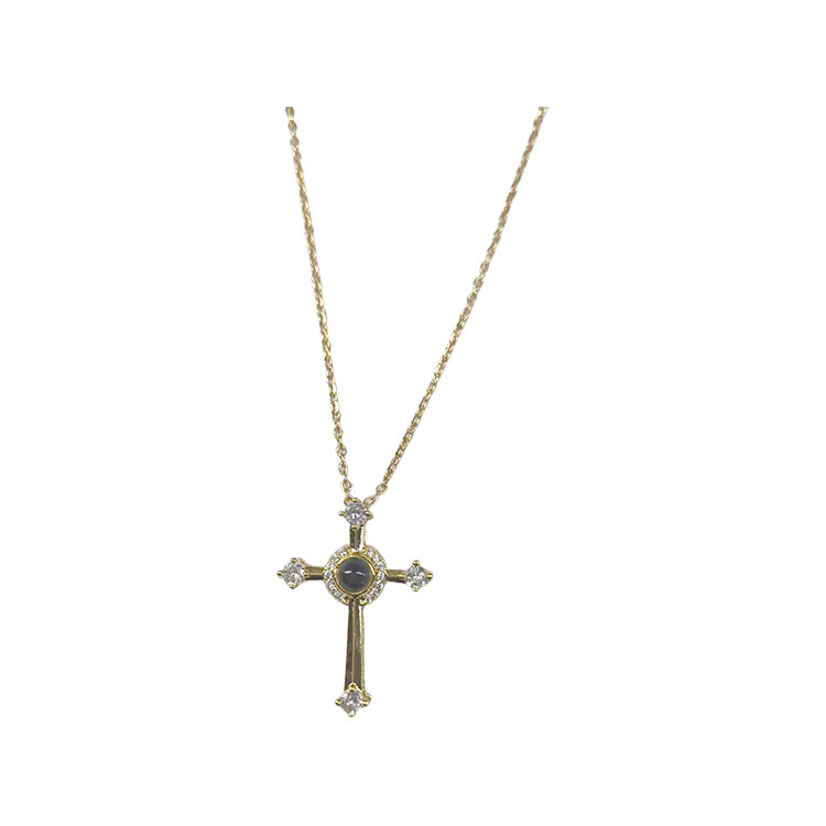 Stylish One Hundred Language Zirconia & Real Gold Cross Necklace for Everyday Wear