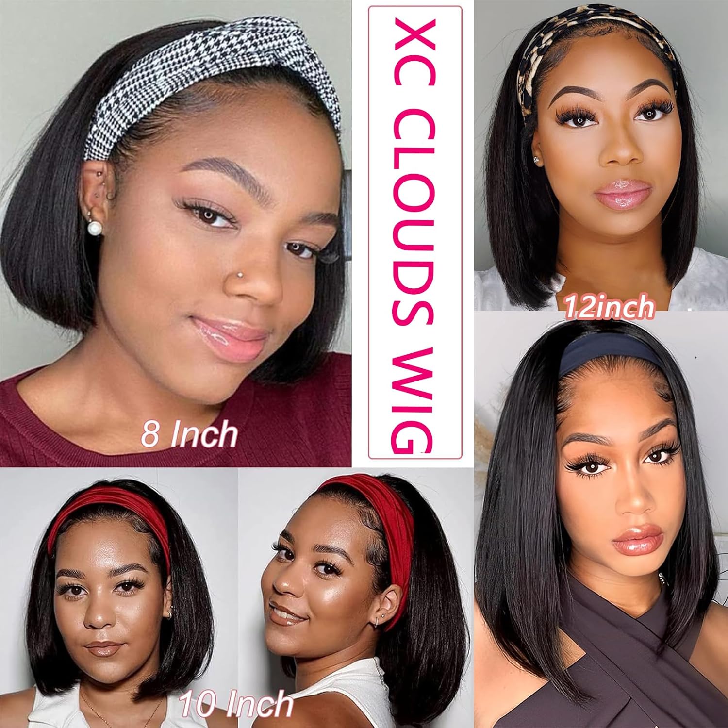 Headband wigs human hair 360,14 Inch Glueless Wig Short None Lace Front Short human hair wig for Black Women Natural Black 150% Density