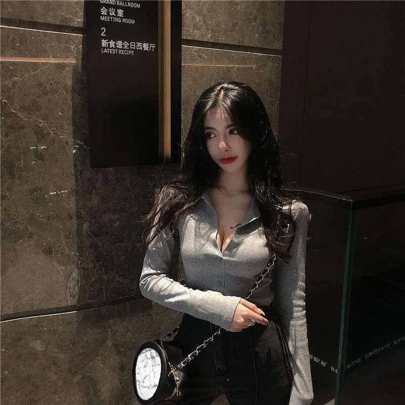 Female Tee Button Cotton T-shirts Long Sleeve Womens Polo Pulovers Synthetic Cheap Tops Youthful Elegant Aesthetic Youth