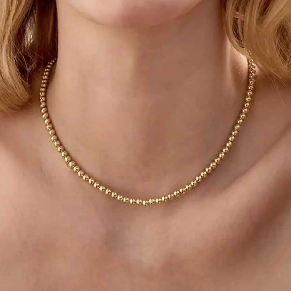 MHS.SUN Fashion Stainless Steel Gold Color Ball Beaded Pearl Necklace 4/6/8/10MM Metal Beads Adjustable Jewelry for Women Men M250616