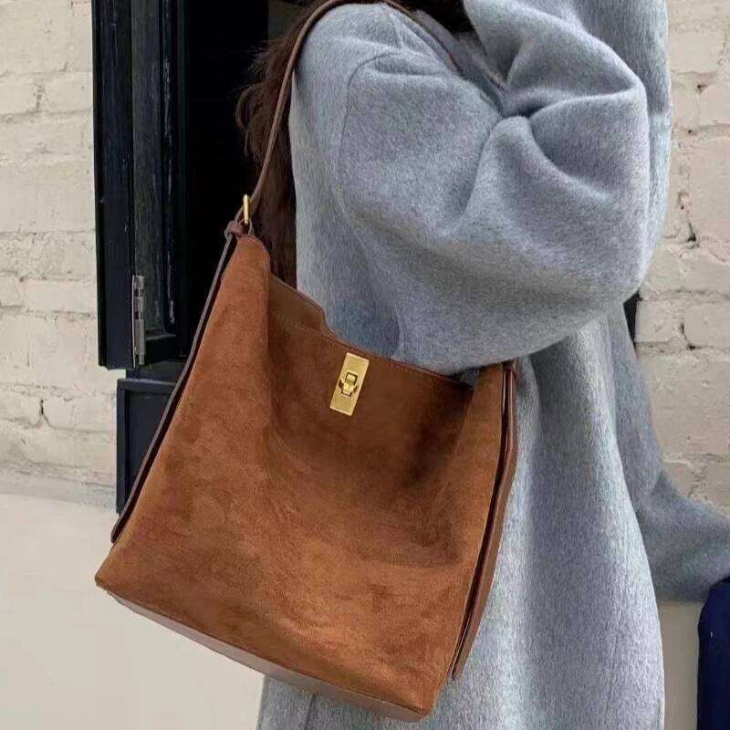 Women's Bags Designer Korean Faux Suede Tote Bags For Women Designer Handbag Purse New In Vintage Lock With Inner Pocket Underarm Shoulder