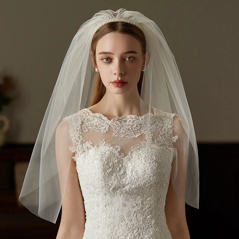 Pearl Embellished Elbow Length Wedding Veil with Crystal Headband for Bride-to-Be Bachelorette Party Pography Accessories 250610