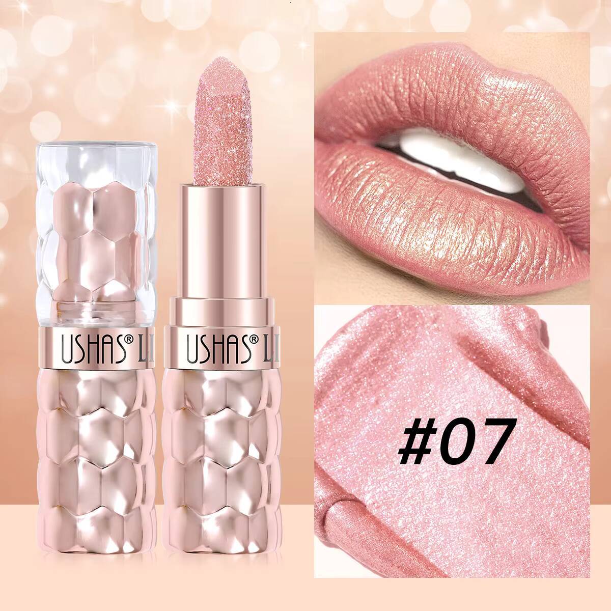 USHAS 12 Colors Glitter Lipstick Long Lasting Diamond Pearlescent Metallic Lipsticks For Christmas Moisturizing Lip Makeup happy