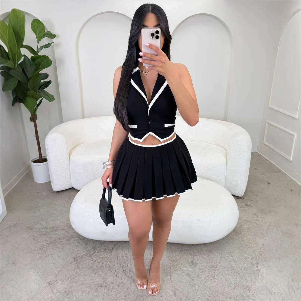 New Fashion College Style Professional Slim Sexy Turn-Down Collar Vest Top Pleated Short Skirt Set For Women B5
