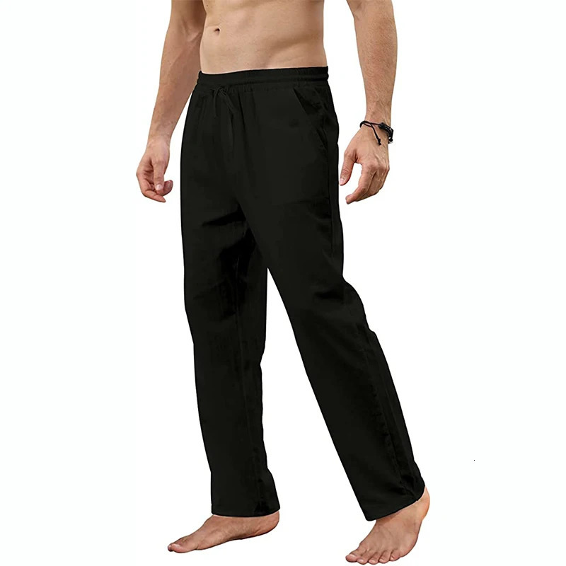 Mens Cotton Linen Pants Loose Autum Casual Pants Male Breathable Solid Color Drawstring Jogger Yoga Long Trousers 250614