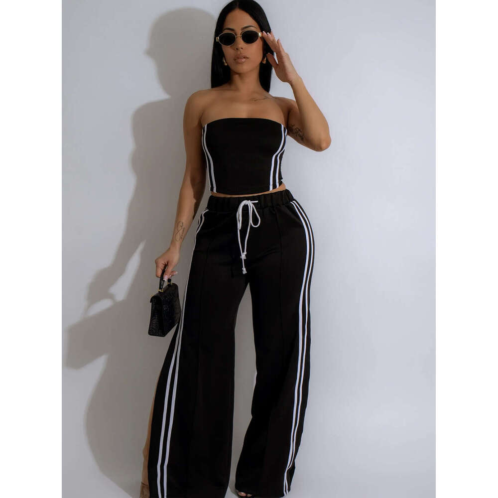 Summer New Solid Color Striped Short Slim Sexy Tube Top Tie Wide Leg Pants Set B5