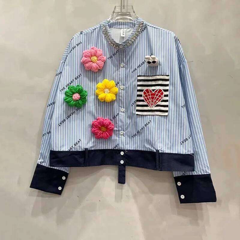 European Spring New Blusas Heavy Industry Nail Dia Design Sense Loose Long-sleeved Shirt Women's Chic 3D Stripe Top Blouse