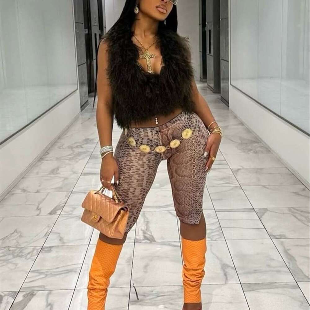 New Fashion Printed Trendy Slim Fit Mid-Waist Stretch Snake Print Capri Shorts Casual Pants B5