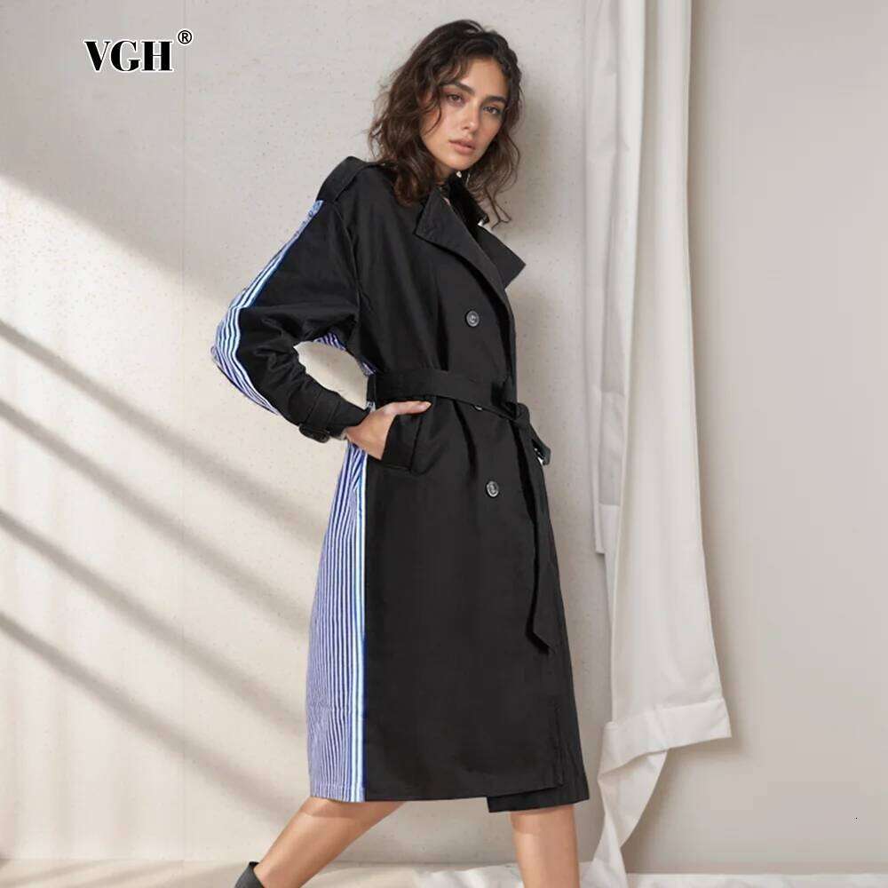 VGH Patchwork Belt Casual Striped Trench For Women Lapel Long Sleeve Spliced Double Breasted Minimalist Loose Coats Female New